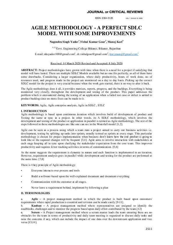 (PDF) AGILE METHODOLOGY - A PERFECT SDLC MODEL WITH SOME IMPROVEMENTS