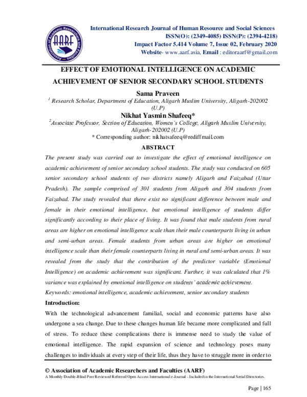 (PDF) EFFECT OF EMOTIONAL INTELLIGENCE ON ACADEMIC ACHIEVEMENT OF ...