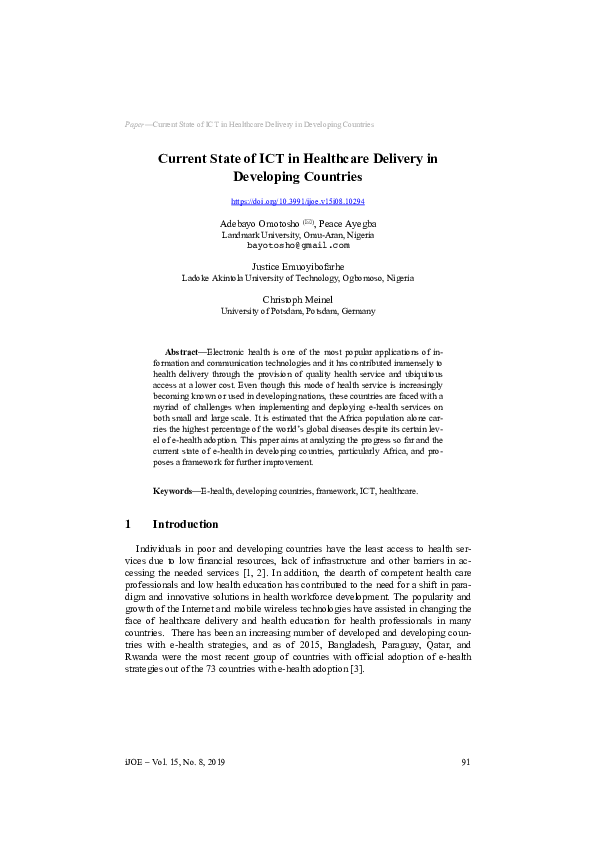 (PDF) Current state of ICT in healthcare delivery in developing countries