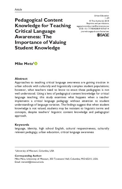 (PDF) Pedagogical Content Knowledge for Teaching Critical Language ...
