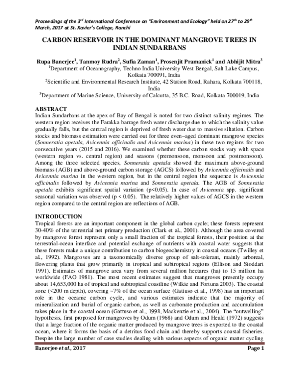 (PDF) CARBON RESERVOIR IN THE DOMINANT MANGROVE TREES IN INDIAN SUNDARBANS