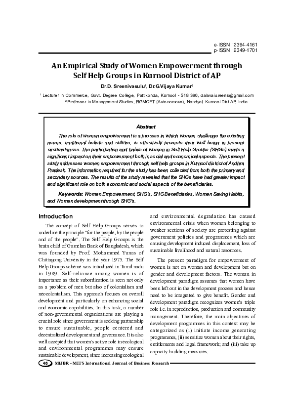 (PDF) An Empirical Study of Women Empowerment through Self Help Groups ...