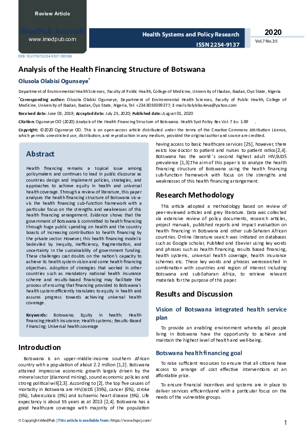 (PDF) Analysis of the Health Financing Structure of Botswana