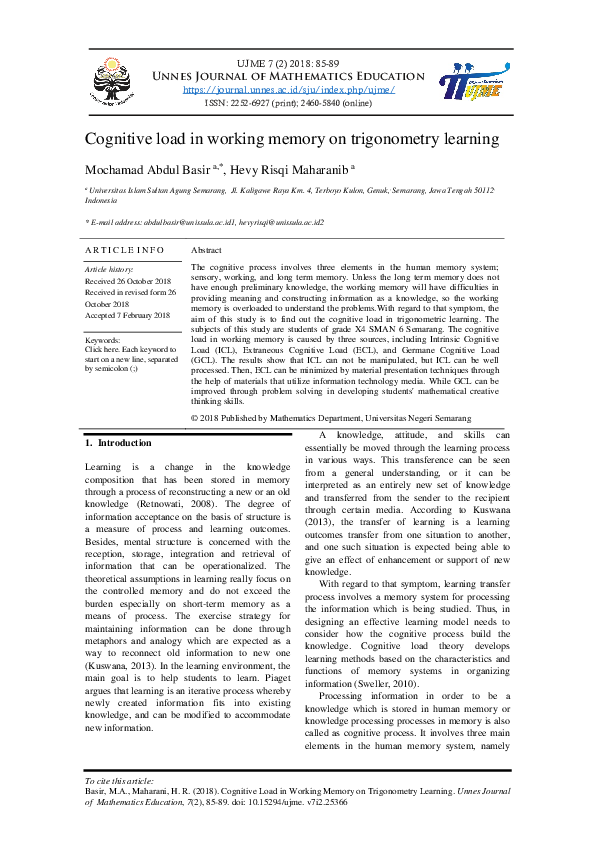 (PDF) Cognitive Load in Working Memory on Trigonometry Learning