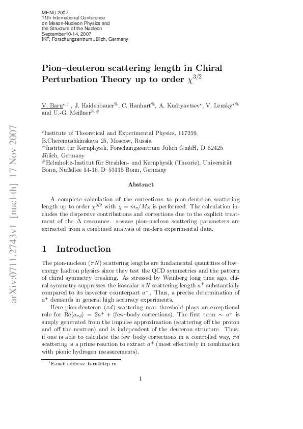 (PDF) Pion--deuteron scattering length in Chiral Perturbation Theory up ...