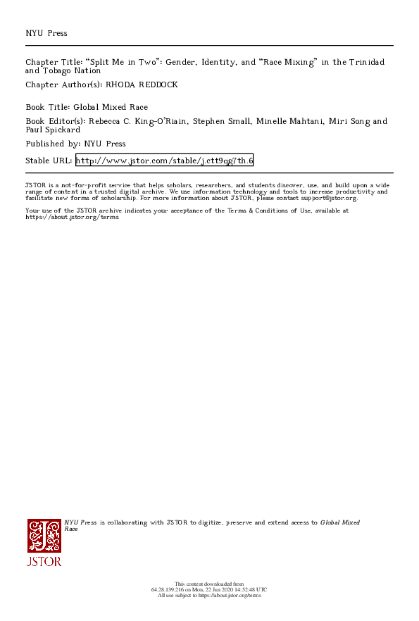 Pdf Split Me In Two Gender Identity And Race Mixing In The Trinidad And Tobago Nation Rhoda E Reddock Academia Edu