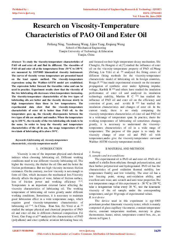 (PDF) IJERTResearch on ViscosityTemperature Characteristics of PAO