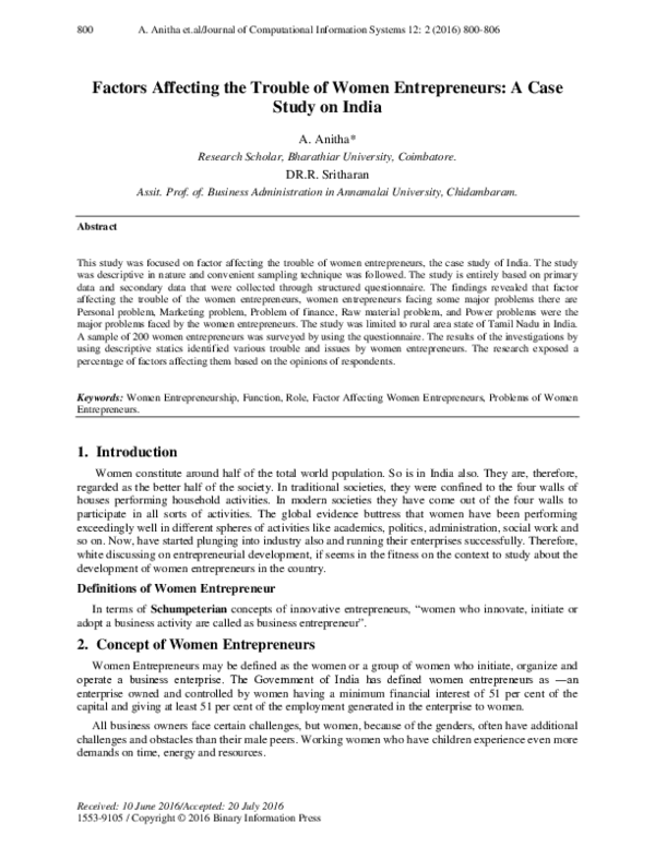 (PDF) Factors Affecting the Trouble of Women Entrepreneurs: A Case ...