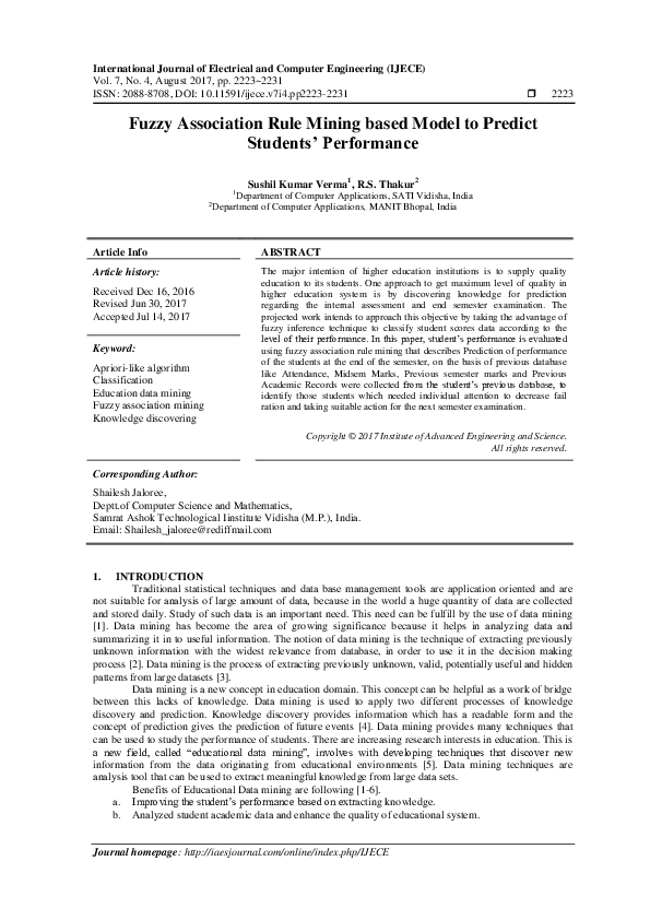 (PDF) Fuzzy Association Rule Mining based Model to Predict Students ...