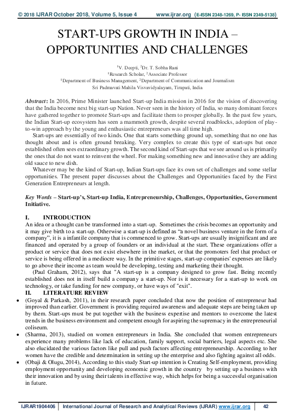 (PDF) START-UPS GROWTH IN INDIA – OPPORTUNITIES AND CHALLENGES