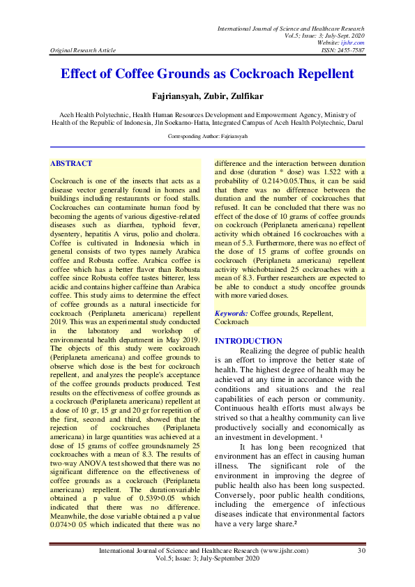 (PDF) Effect of Coffee Grounds as Cockroach Repellent International