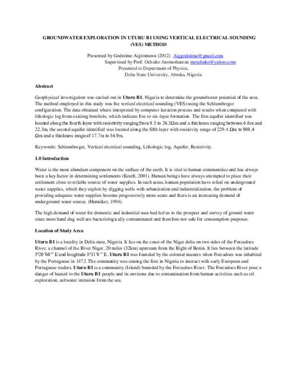 (PDF) GROUNDWATER EXPLORATION IN UTURU B1 USING VERTICAL ELECTRICAL ...