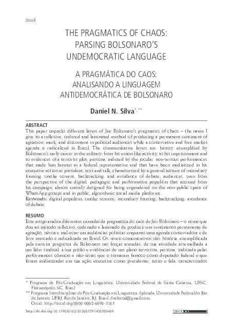 Pdf The Pragmatics Of Chaos Parsing Bolsonaro S Undemocratic Language Daniel Silva Academia Edu