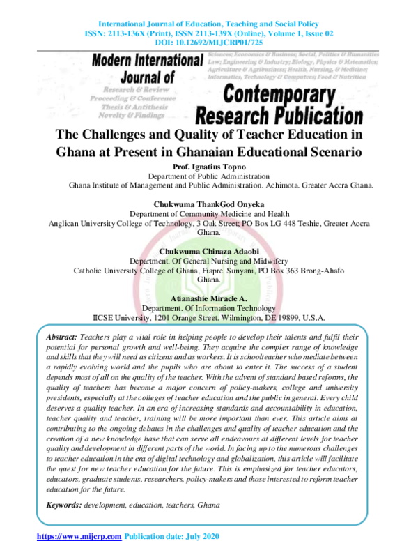 (PDF) The Challenges and Quality of Teacher Education in Ghana at ...
