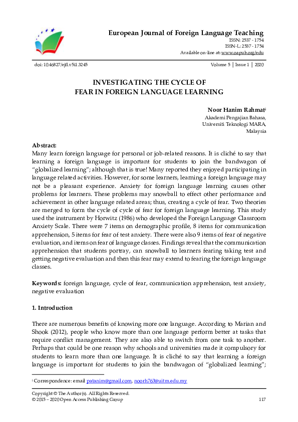 (PDF) INVESTIGATING THE CYCLE OF FEAR IN FOREIGN LANGUAGE LEARNING