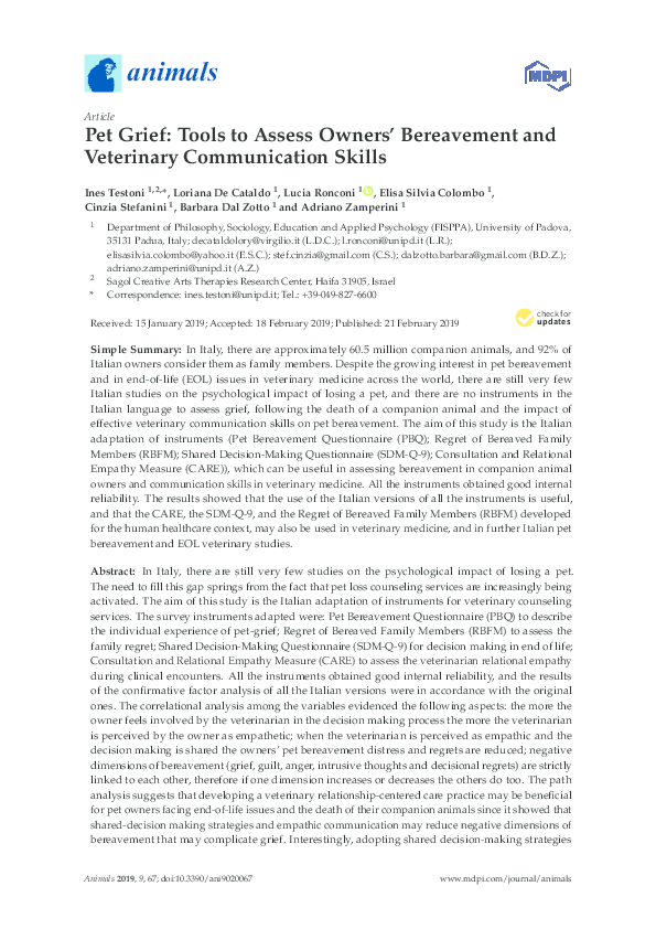 (PDF) Pet Grief Tools to Assess Owners' Bereavement and Veterinary