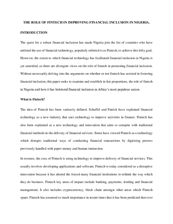 (PDF) THE ROLE OF FINTECH IN IMPROVING FINANCIAL INCLUSION IN NIGERIA