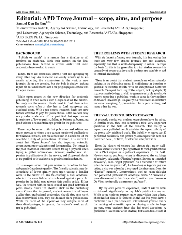 (PDF) Editorial: APD Trove Journal -scope, aims, and purpose