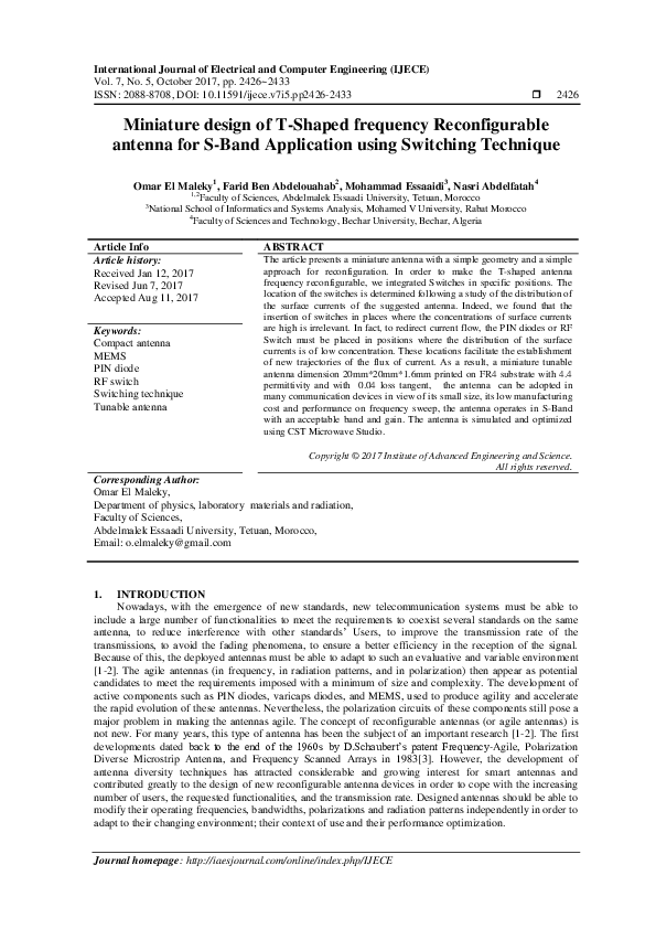 (PDF) Miniature design of T-Shaped frequency Reconfigurable antenna for ...