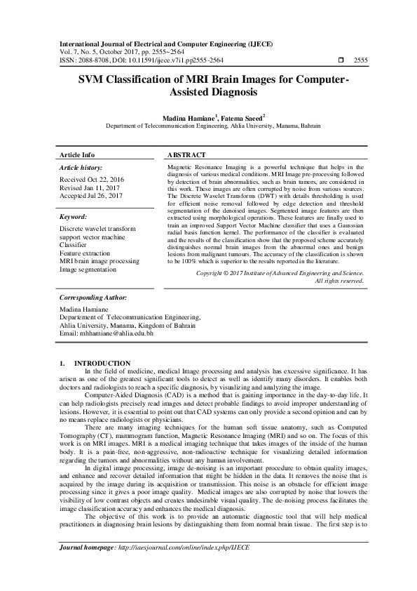(PDF) SVM Classification of MRI Brain Images for Computer- Assisted ...