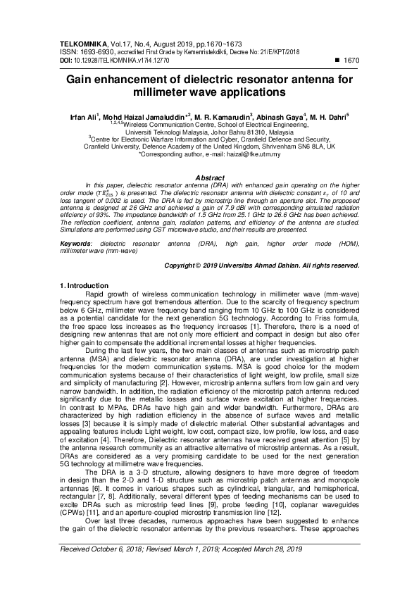 (PDF) Gain enhancement of dielectric resonator antenna for millimeter ...