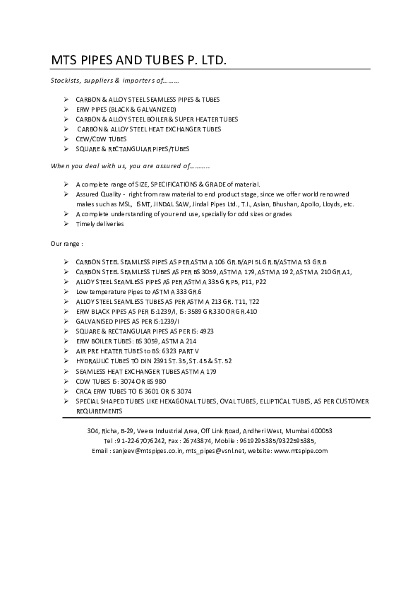 (PDF) MTS PIPES AND TUBES P. LTD Frisbane Stannis Academia.edu