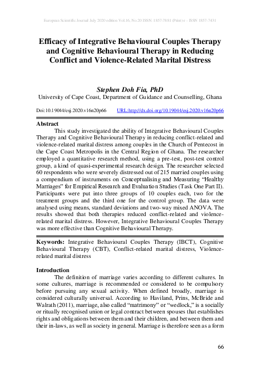 (PDF) Efficacy of Integrative Behavioural Couples Therapy and Cognitive ...
