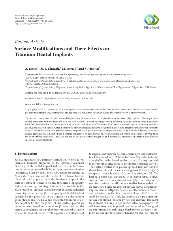 (PDF) Surface Modifications and Their Effects on Titanium Dental Implants