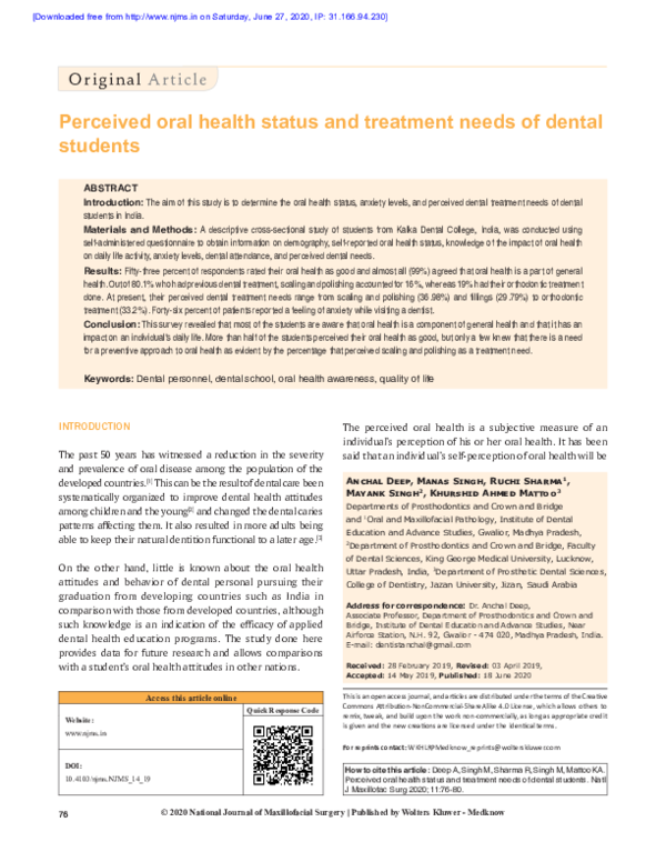 (PDF) Perceived oral health status and treatment needs of dental students
