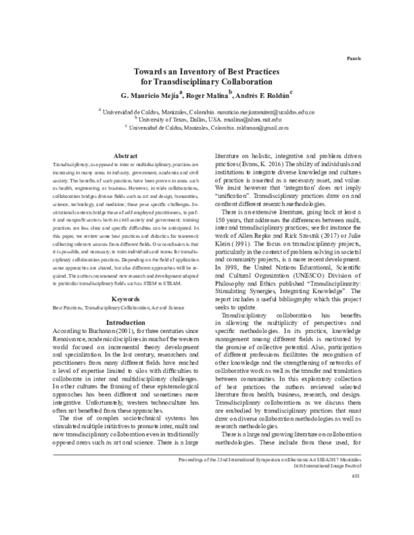 (PDF) Towards an inventory of best practices for transdisciplinary ...