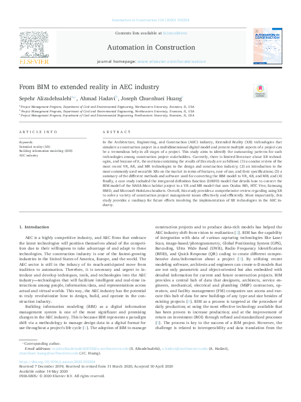 (PDF) From BIM to extended reality in AEC industry