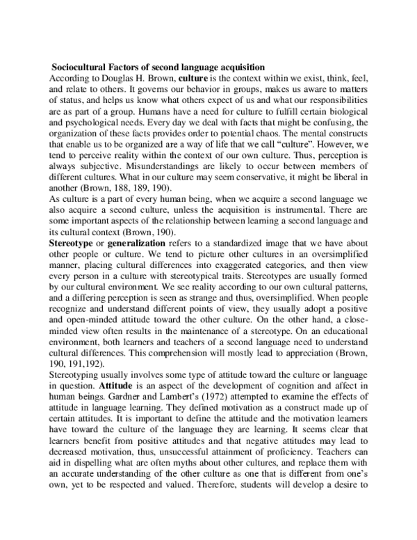 (PDF) Sociocultural Factors of Second Language Acquisition Summary