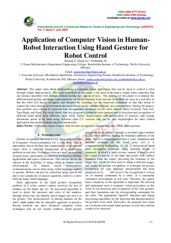 (PDF) Application of Computer Vision in Human- | IJARTET Journal ...