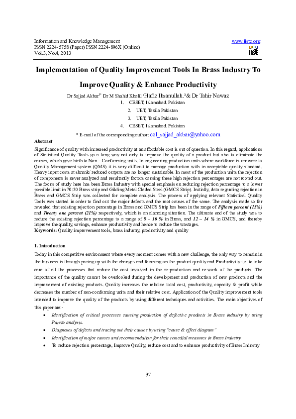 (PDF) Implementation of Quality Improvement Tools In Brass Industry To ...