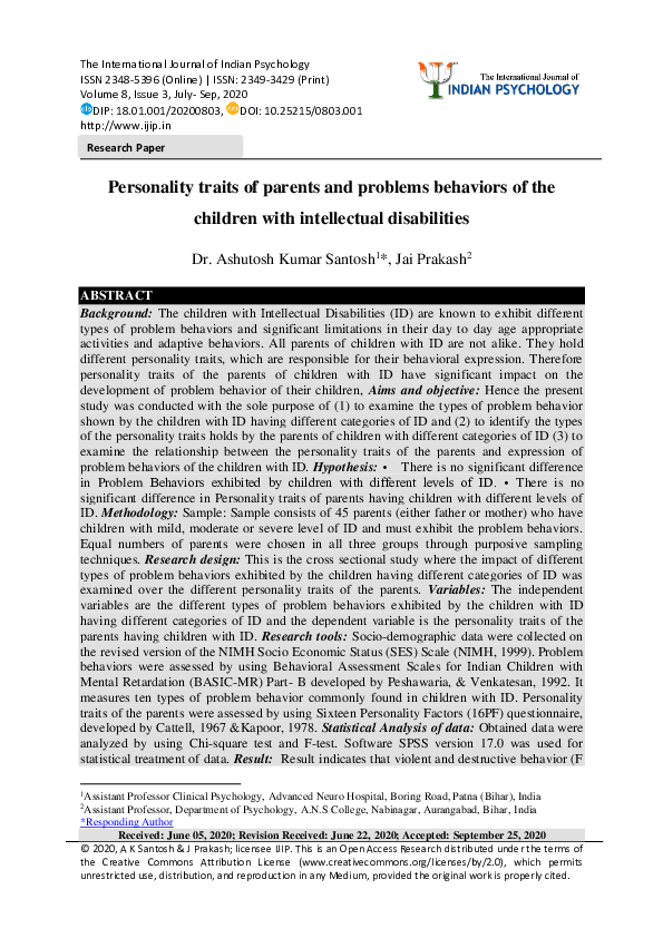 (PDF) Personality traits of parents and problems behaviors of the ...