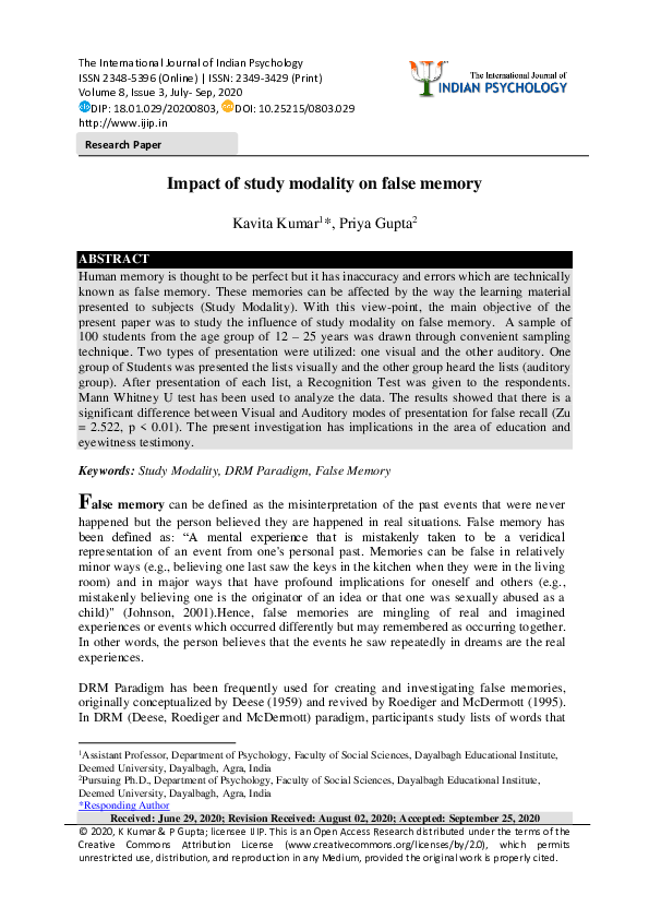 (PDF) Impact of study modality on false memory