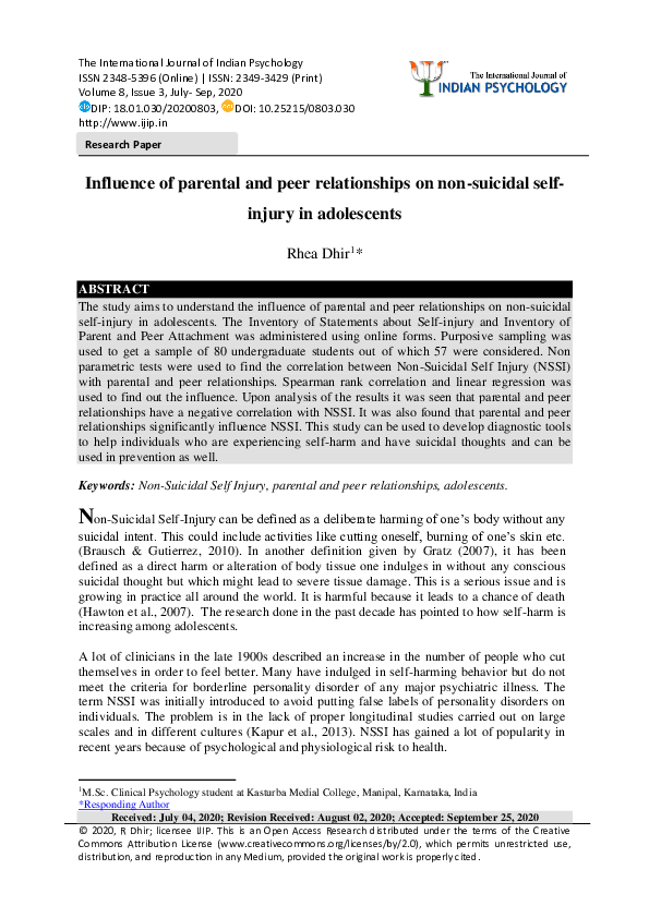 (PDF) Influence of parental and peer relationships on non-suicidal self ...