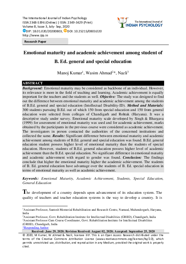 (PDF) Emotional maturity and academic achievement among student of B ...