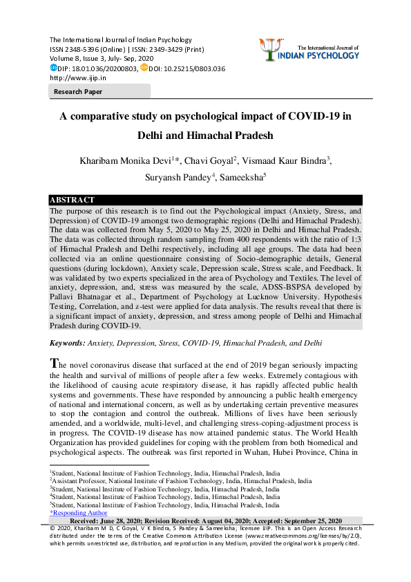 (PDF) A comparative study on psychological impact of COVID-19 in Delhi ...