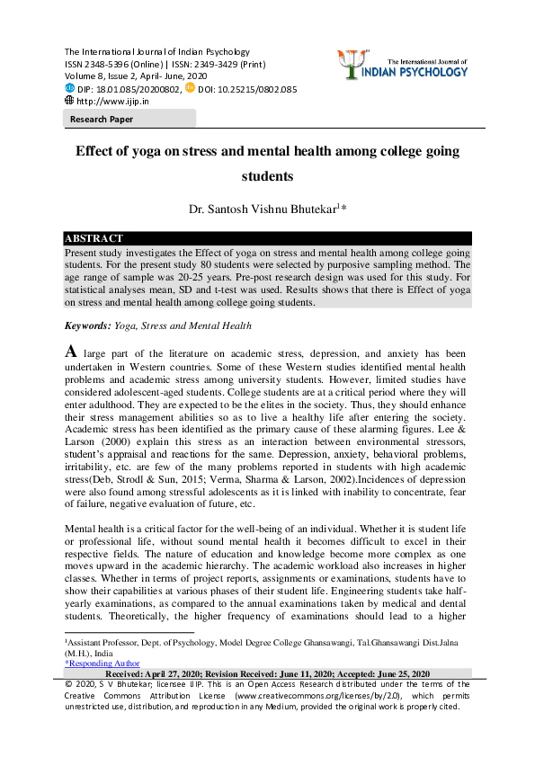 (PDF) Effect of yoga on stress and mental health among college going ...