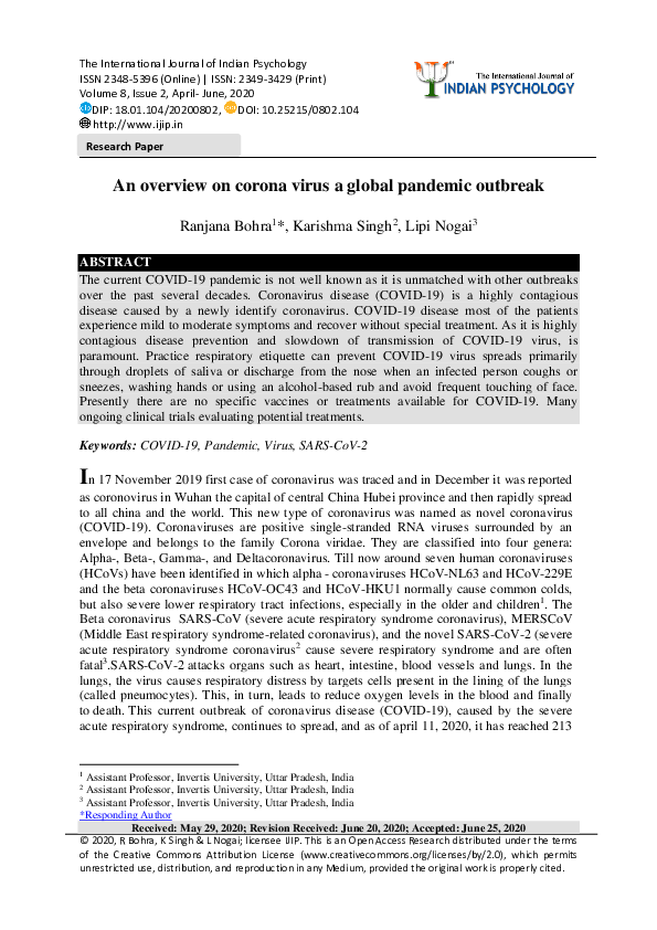 (PDF) An overview on corona virus a global pandemic outbreak