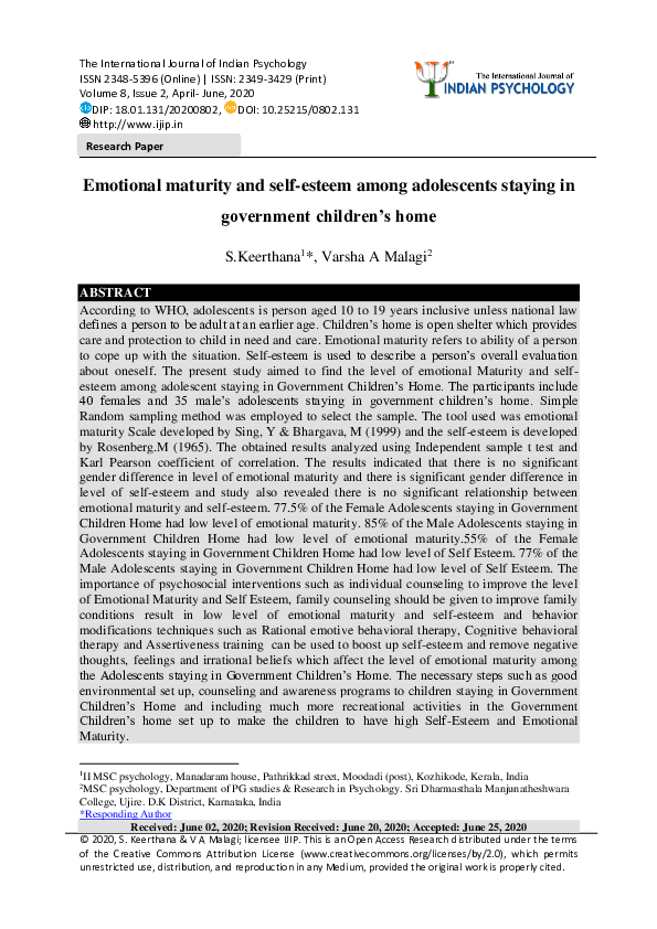 (PDF) Emotional maturity and self-esteem among adolescents staying in ...