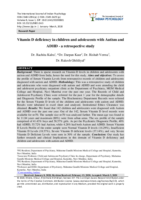 (PDF) Vitamin D deficiency in children and adolescents with Autism and