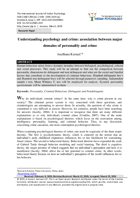 (PDF) Understanding psychology and crime: association between major ...