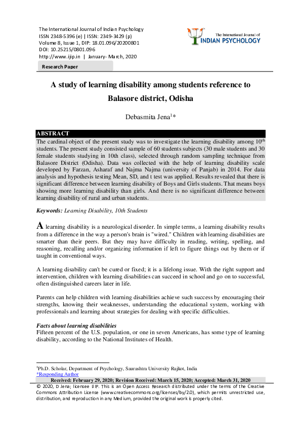 (PDF) A study of learning disability among students reference to ...