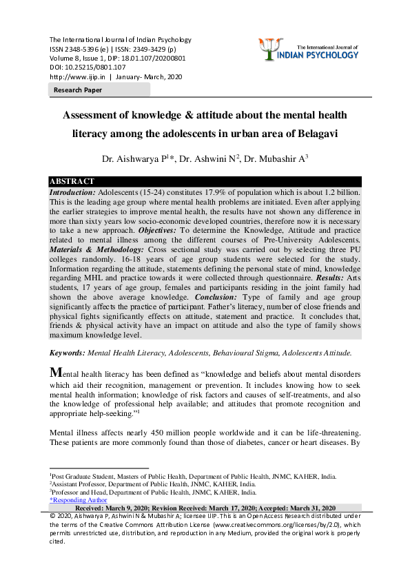 (PDF) Assessment of knowledge & attitude about the mental health ...