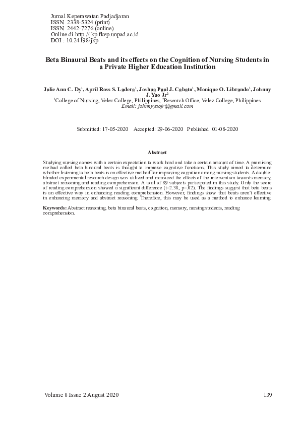 (PDF) Beta Binaural Beats and its effects on the Cognition of Nursing ...