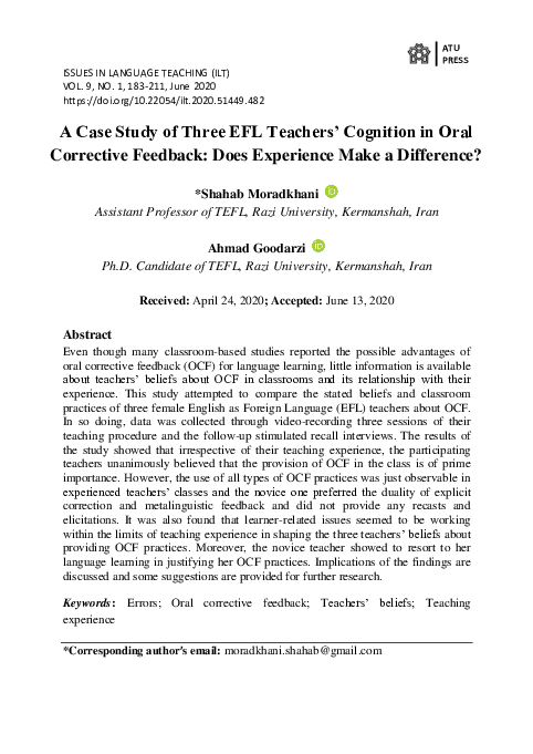 (PDF) A Case Study of Three EFL Teachers' Cognition in Oral Corrective ...