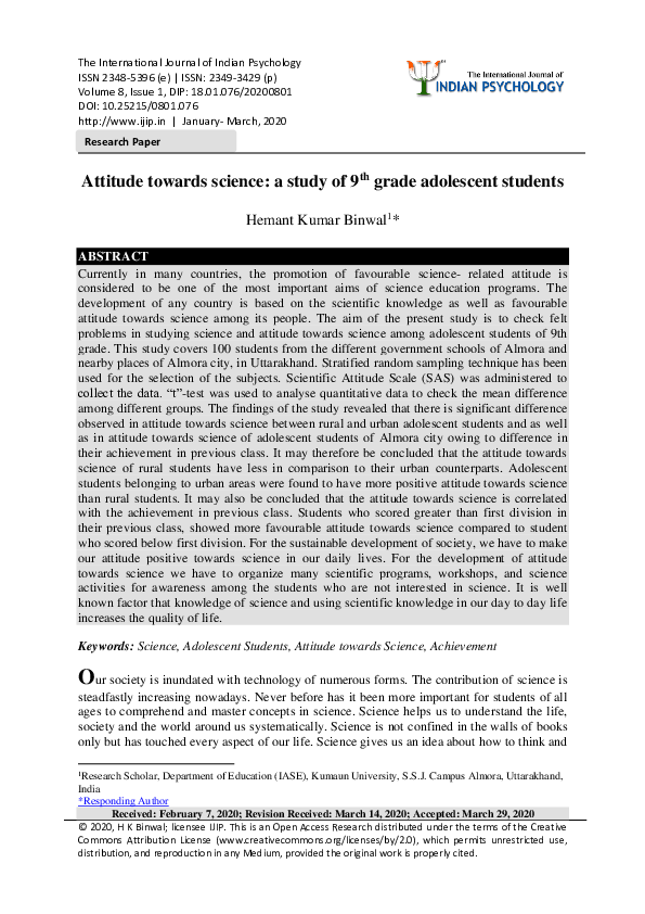 (PDF) Attitude towards science: a study of 9 th grade adolescent students