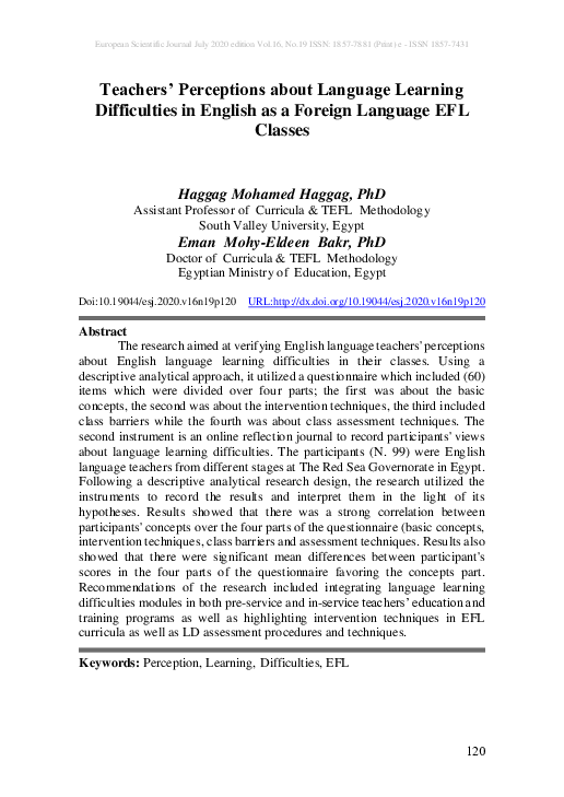 (PDF) Teachers' Perceptions about Language Learning Difficulties in
